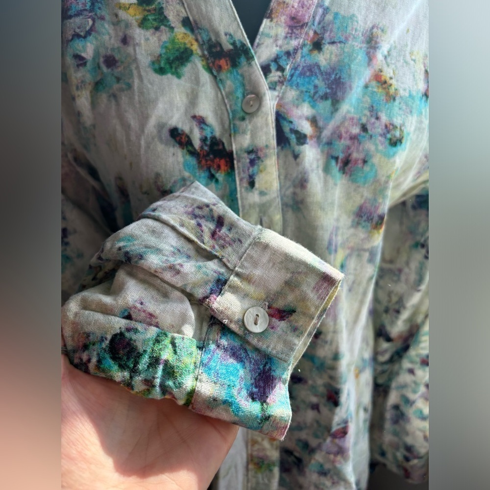 For Cynthia Linen Blend Button Down Abstract Water Colour Long Sleeve Size M - Picture 3 of 6